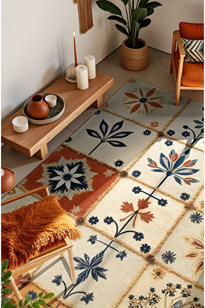 MUN HOME modern Desenli vintage taba bej Dokuma Yıkanabilir kaymaz taban Diji...