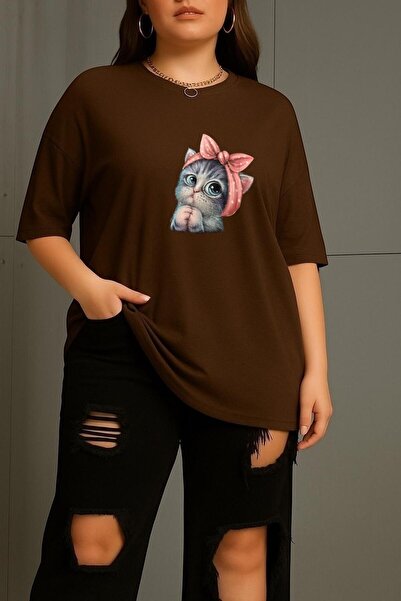 BENROMA Büyük Beden Minnoş Kedi Baskılı Unisex Tişört