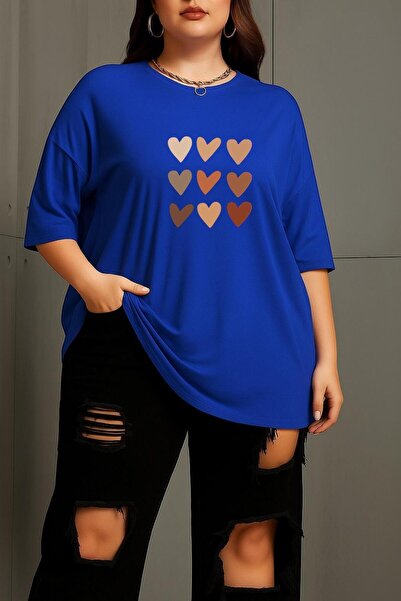 BENROMA Büyük Beden Sıralı Kalpler Baskılı Unisex Tişört