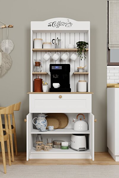 midoser Lucas 2 Kapaklı Çekmeceli Kahve Köşesi ve Çok Amaçlı Mutfak Dolabı - Açık ceviz & Beyaz