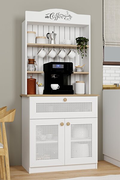 midoser Lucas 2 Kapaklı Çekmeceli Pvc Hasır Desen Kahve Köşesi & Çok Amaçlı Mutfak Dolabı-Açık Ceviz & Beyaz