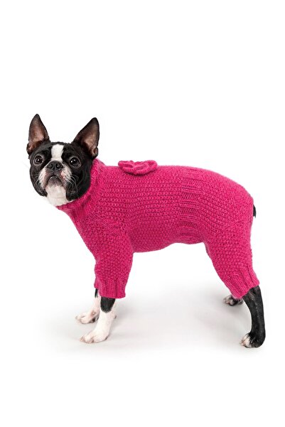 fouramour بذلة كلب منقوشة باللون الفوشيا محبوكة يدويًا ومزينة بالزهور، مقاس عادي