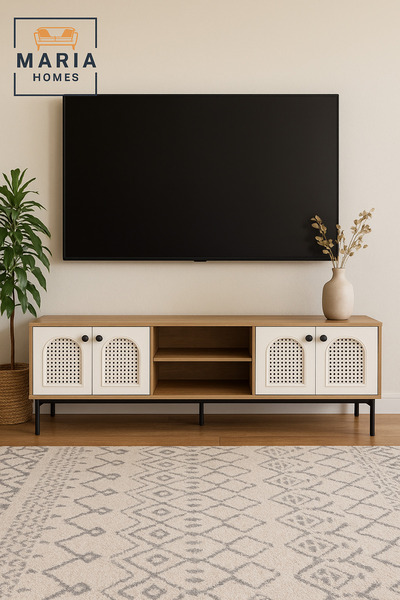 MARIA HOMES Functional Rattan Console – Modern Natural White Wooden TV Stand & Storage Cabinet 140×40×45 cm