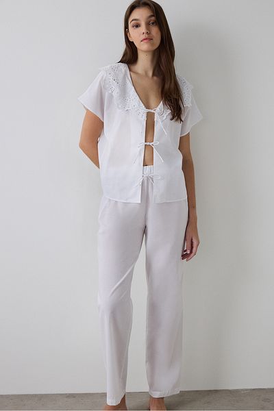 Penti Optical White Alia Ruched V Neck Short Sleeve Pajama Set