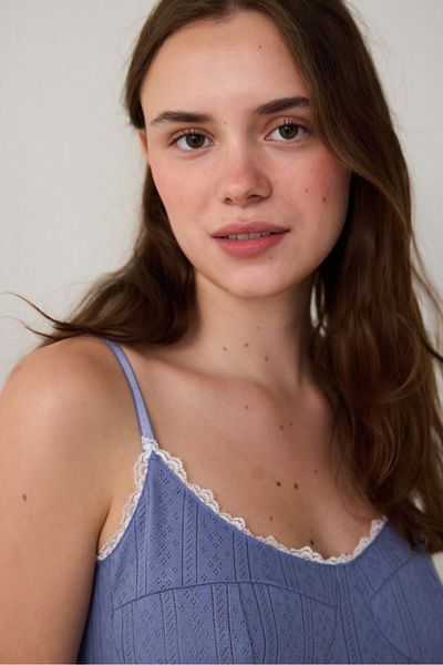 Penti Indigo Hailee Floral Lace Cotton Openwork Pajama Top
