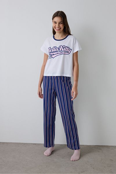 Penti Optical White Hello Kitty Striped Short Sleeve Crew Neck Pajama Set