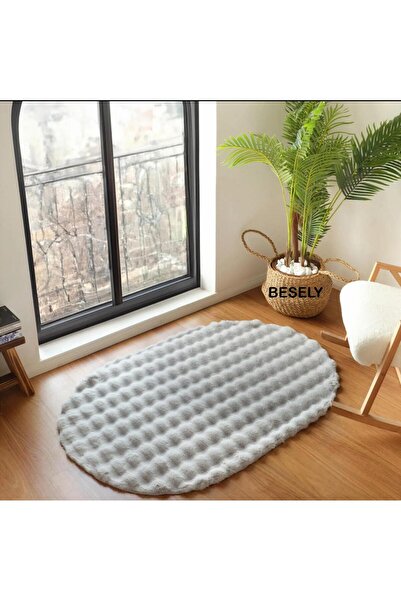 BESELY Açık Gri Oval Bubble Yumuşak Kaymaz Özel Taban Tüylü Peluş Yıkanabilir...