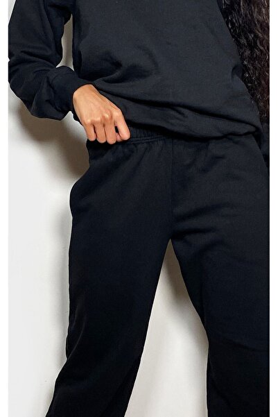 DUBU BUTİK Plt Design Σετ φόρμας Φούτερ Jogger - Μαύρο εμπριμέ Oversize Raised Crew Neck