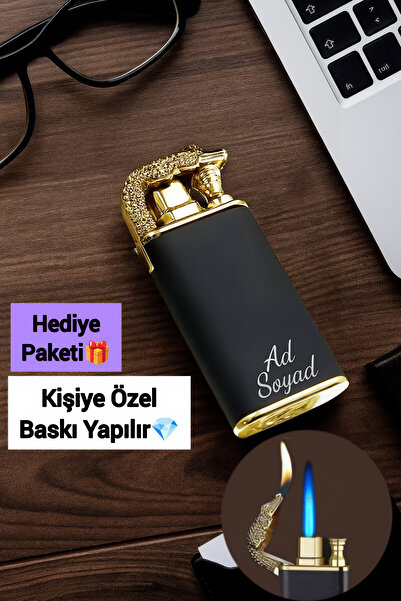 TrendÜrünlerim Kişiye Özel Timsah Figürlü Çift Alev Gazlı Ejderha Alevi Çakmak Hediye Paketli