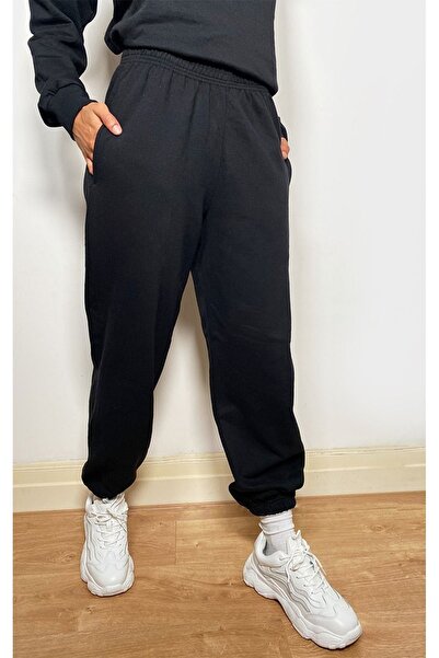 DUBU BUTİK Plt Design Σετ φόρμας Φούτερ Jogger - Μαύρο εμπριμέ Oversize Raised Crew Neck