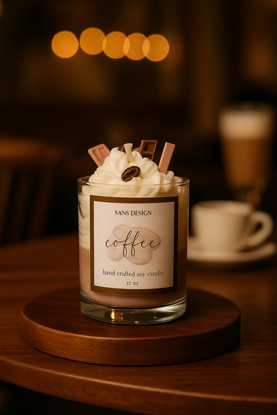 Şans Kahve Görünümlü & Kahve Çekirdekli Kremalı Dekoratif Bardak Mum