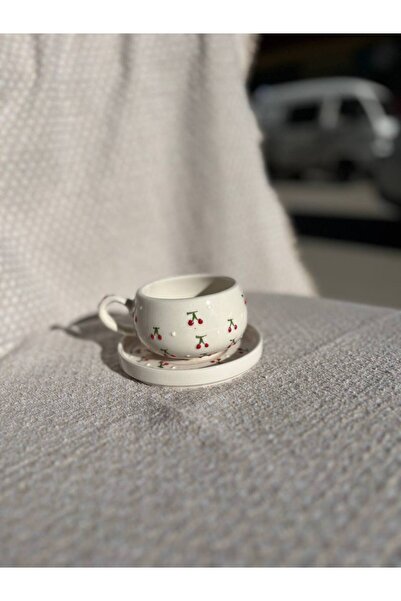 ColorCraft كوب سيراميك مطرز يدويًا بنمط الكرز، كوب قهوة تركي، كوب شاي