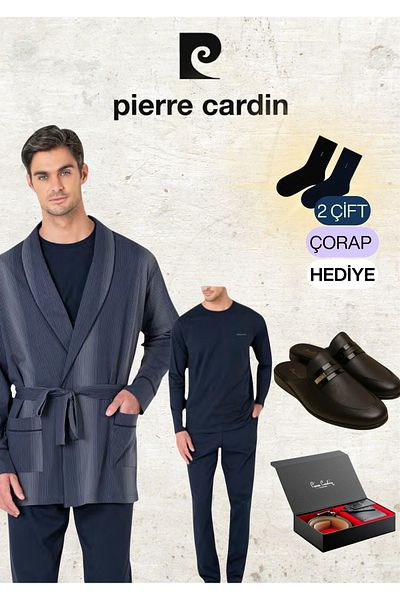Pierre Cardin Men's 100% Cotton Robdöşambr & Long Sleeve Combed Cotton Pajama Set & Leather Slippers & Belt Wallet Set