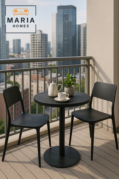 MARIA HOMES Round Black Pedestal Café Table with Wooden Top