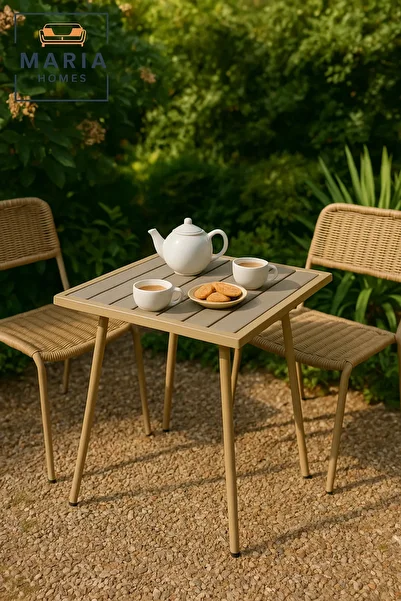 MARIA HOMES Beige Square Side Table with Slatted Top and Tapered Legs