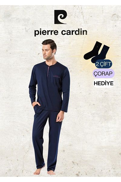 Pierre Cardin Men's Clothing Combed Cotton 100% Cotton Long-Sleeved Navy Blue Pajamas Set (2 Gift Socks) Ol.Pc.5454.001
