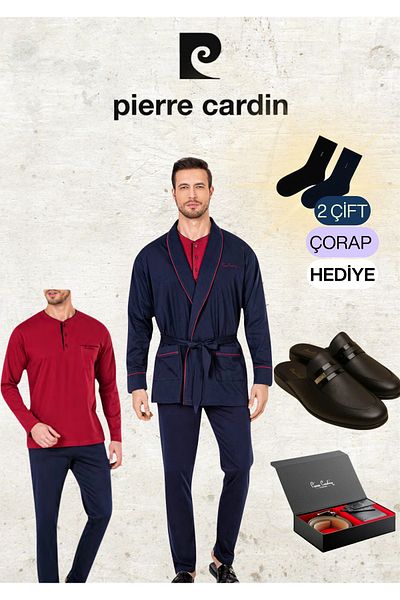 Pierre Cardin 100% Cotton Navy Blue Robdöşambr Long Sleeve Pajama Set & Leather Slippers & Genuine Leather Belt Wallet Set