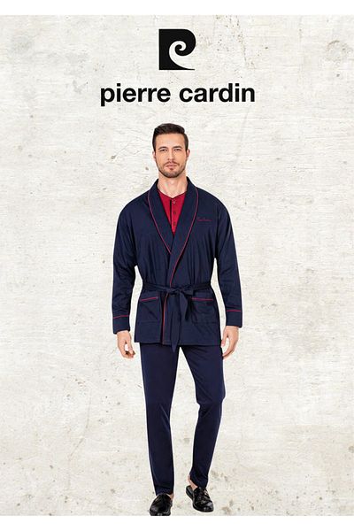 Pierre Cardin 100% Cotton Navy Blue Robdöşambr Long Sleeve Pajama Set & Leather Slippers & Genuine Leather Belt Wallet Set