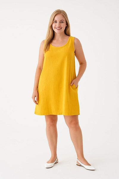enmodaiçgiyim Yellow 100% Cotton Muslin Fabric Short Women's Dress with Pockets – Summer Comfortable Casual Dress
