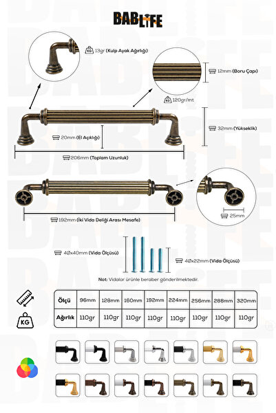 bablife Melis 192 mm, galben antic, metal, sertar de lux, dulap, mânere de mobilier cu toate opțiunile de culoare