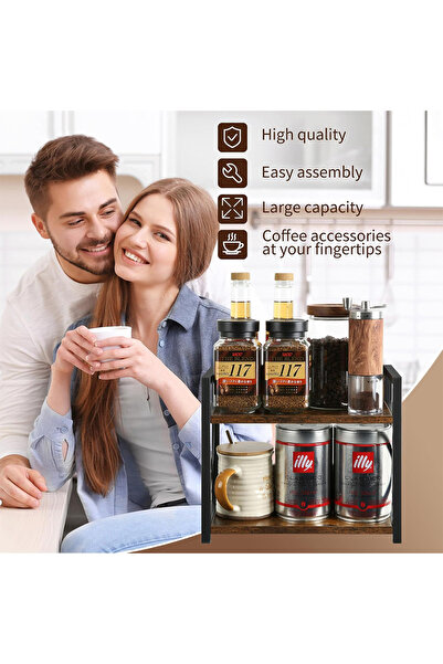 WANDOO 2 Katlı Ahşap Metal Mutfak Rafı – Masaüstü Kahve İstasyonu ve Düzenleyici