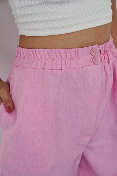 polle Γυναικείο λινό σορτς με ελαστική μέση με κουμπιά