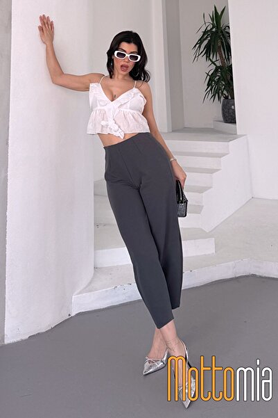 mottomia Γυναικείο ύφασμα κρεπ ψηλόμεσο Lycra μπαλόνι παντελόνι χωρίς ζώνη – Άνετη εφαρμογή για γραφείο και καθημερινή