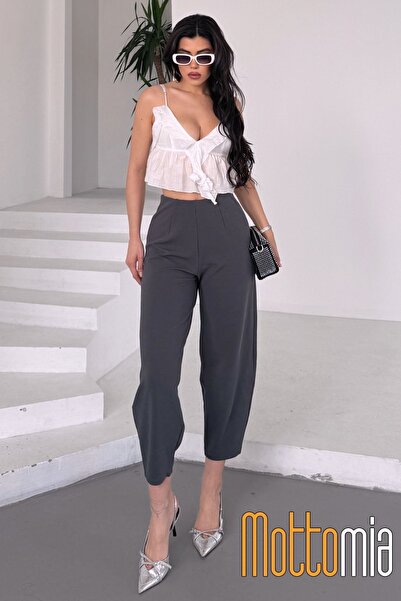 mottomia Γυναικείο ύφασμα κρεπ ψηλόμεσο Lycra μπαλόνι παντελόνι χωρίς ζώνη – Άνετη εφαρμογή για γραφείο και καθημερινή