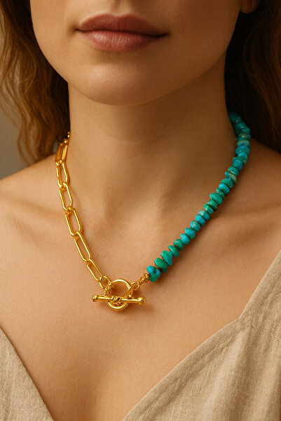 LOVELOTUS قلادة نسائية مصنوعة من الحجر الطبيعي الفيروزي وقلادة من الفولاذ بتص...