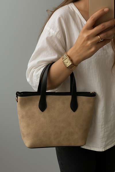 Nova Stylish Beige & Black Detailed Women's Shoulder and Hand Bag – Multi-Compartment, Wide Range of Uses