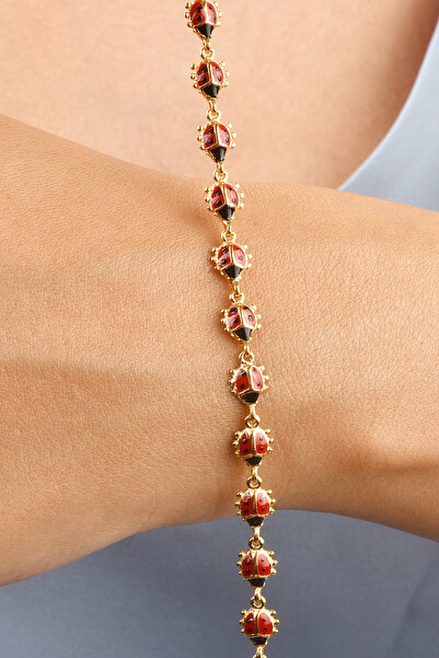 Nox Jewelry 14 Ayar Altın Kaplama Mineli Uğur Böceği Bağlantılı Gümüş Bileklik - BE00100