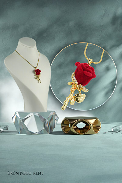 Çelik Kırmızı Gül Figürlü Altın Renk Kolye