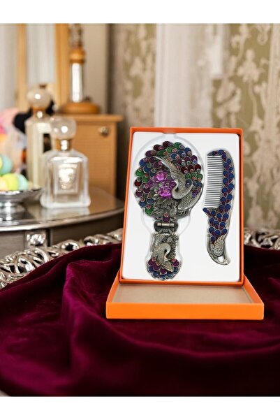 U&M HEDİYELİK Tavuskuşu Desenli El Aynası & Tarak Takımı Büyük Boy – Taşlı, Ş...