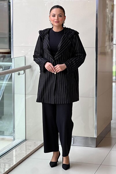 Ghisa Hooded and Sleeve Mesh Striped Jacket Pants Set