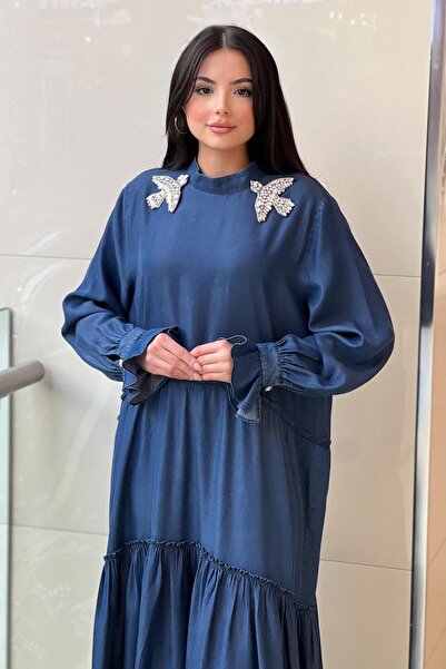 Ghisa Katkat Tenzel Denim Dress with Bird Brooch