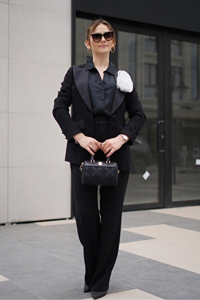 Ekol White Rose Brooch Satin Jacket and Pants Set