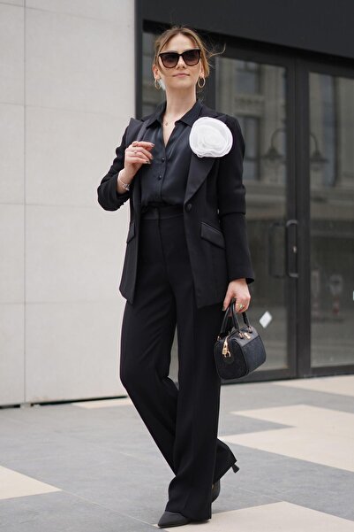 Ekol White Rose Brooch Satin Jacket and Pants Set