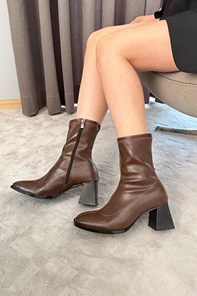 Preshley Women's Marina Brown Boots 7 cm Thick Heeled Stretch Boots