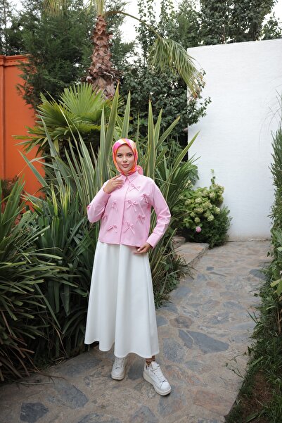 Nergis Neva Butik Closed Patch Bow Poplin Short Shirt