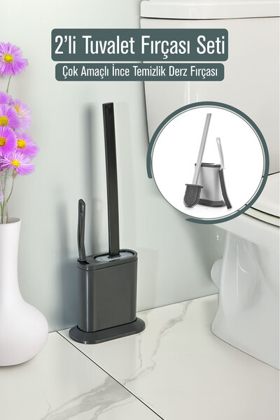 VİGENTİNO 2'li Tuvalet Fırçası Seti  ve Çok Amaçlı İnce Temizlik Fırçası Derz...
