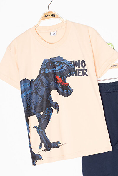 Cansın Mini Cream Dino Printed Lettering Boys Shorts Top and Bottom Set 20622