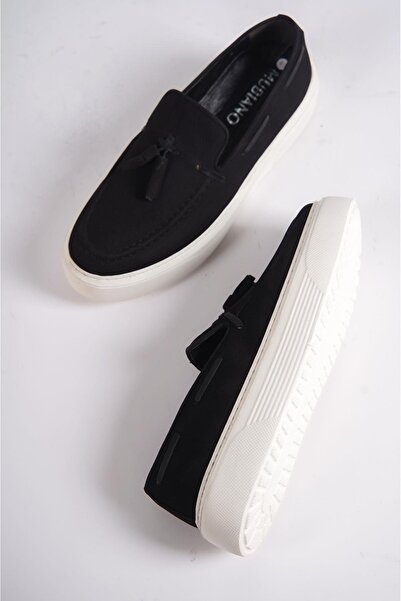 Mubiano Естествена кожа 22106-S Нубък Черно Дебела подметка с ресни Мъжки мокасини и ежедневни обувки