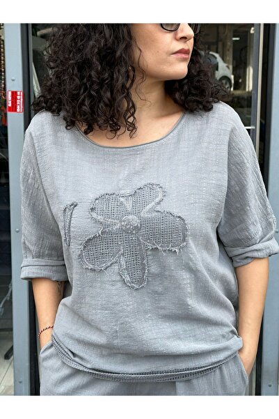 Seviliko Kadın Keten Bluz Yuvarlak Yakalı Aplike Pullu Papatya Desenli 3/4 Kollu Oversize
