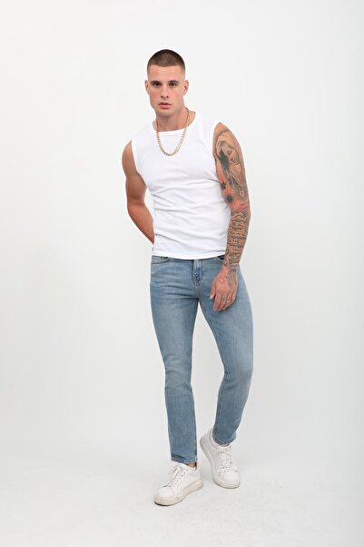 Bluewhite Men's Slim Fit Regular Waist Straight Cut Narrow Leg Lycra Light Blue Jean Trousers