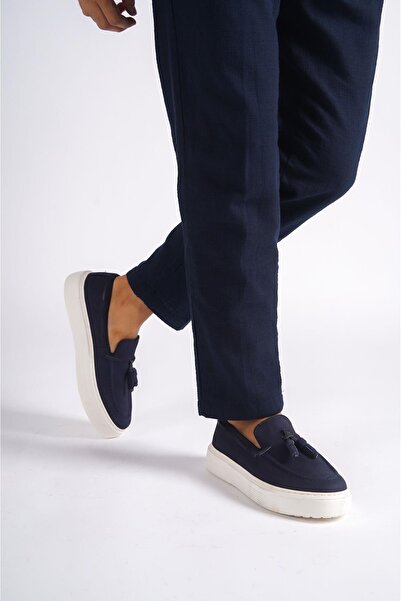 Mubiano Естествена кожа 22106-LCV Нубък тъмно син дебела подметка мъжки мокасини с пискюли & ежедневни обувки