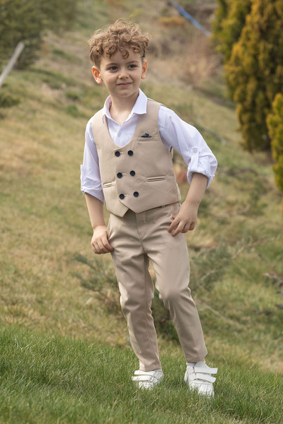 Cansın Mini Beige Buttoned Vest and Bow Tie Shirt and Boy's 4-Piece Suit 20545
