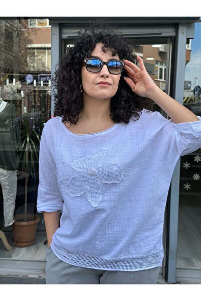 Seviliko Kadın Keten Bluz Yuvarlak Yakalı Aplike Pullu Papatya Desenli 3/4 Ko...