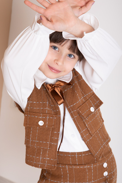 Cansın Mini Brown Bow Vest, Button Detailed Shorts and Skirt, Girl's 3-Piece Set 20317
