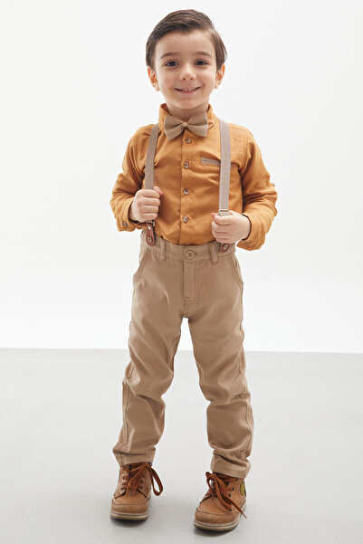 Cansın Mini Mustard Shirt and Suspender Trousers Boys' Bow Tie Suit 18128