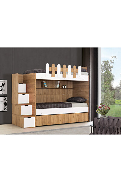 evimşah mobilya EVİMŞAH CEVİZ / BEYAZ 90 * 190 3 LÜ YAVRU YATAKLI RANZA